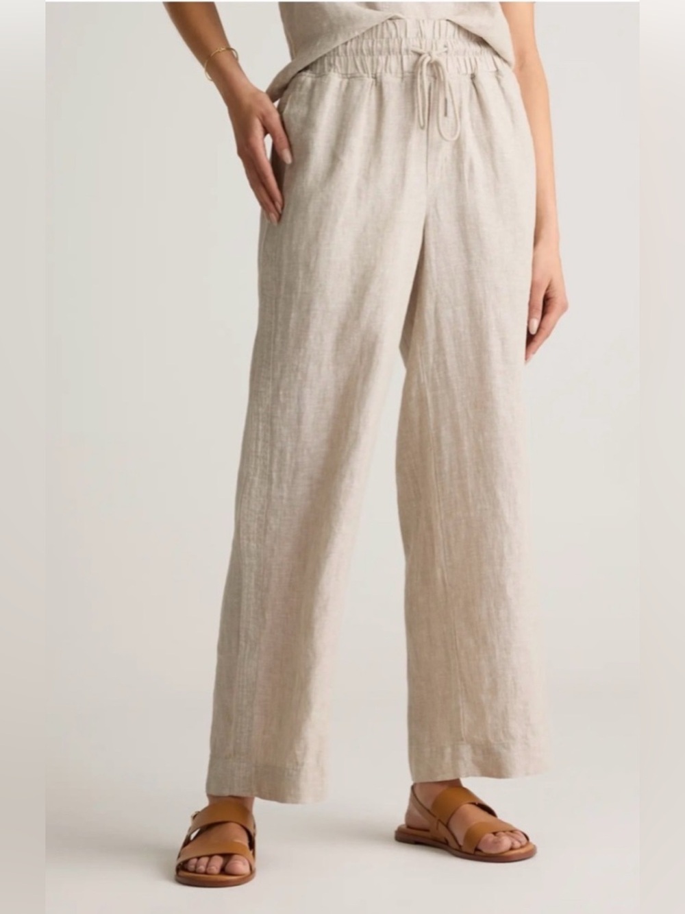 Quince Wide-Leg Linen Drawstring Pants in Natural Beige